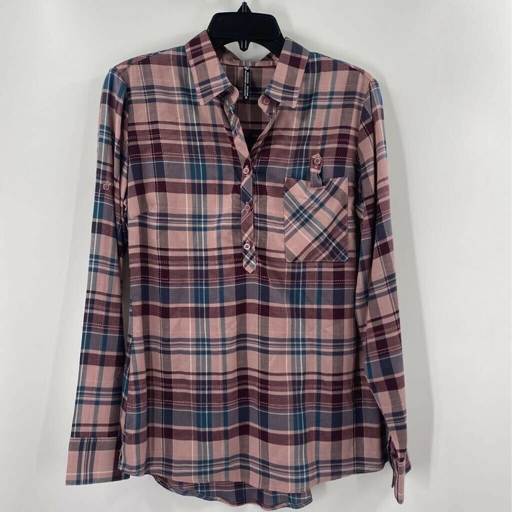 Kuhl Popover Shirt Purple Plaid Button Cuff